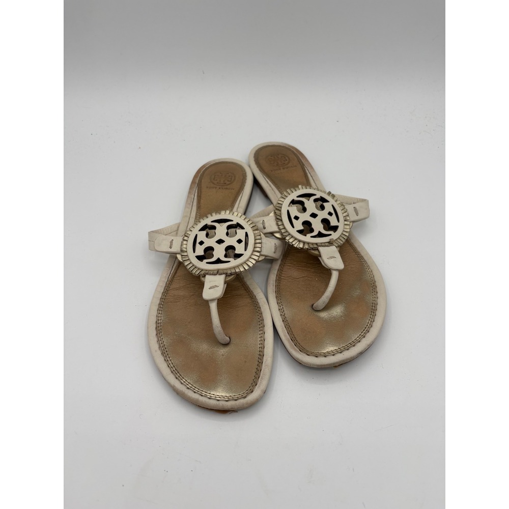 Tory Burch Miller Sandals Cream Leather Gold Logo Thong Flats 9M Made in Brazil